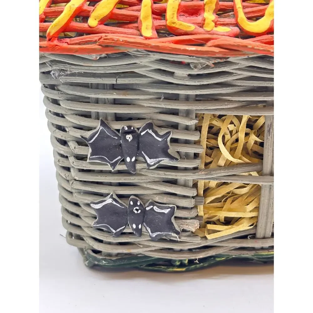 Vintage Halloween Blue & Orange Wicker Basket Handle Witch Bats 10